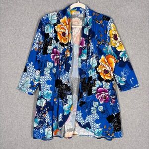 Kiyonna‎ Ruched Kimono Cardigan 0X Blue Floral Open Front 3/4 Sleeve Artsy USA